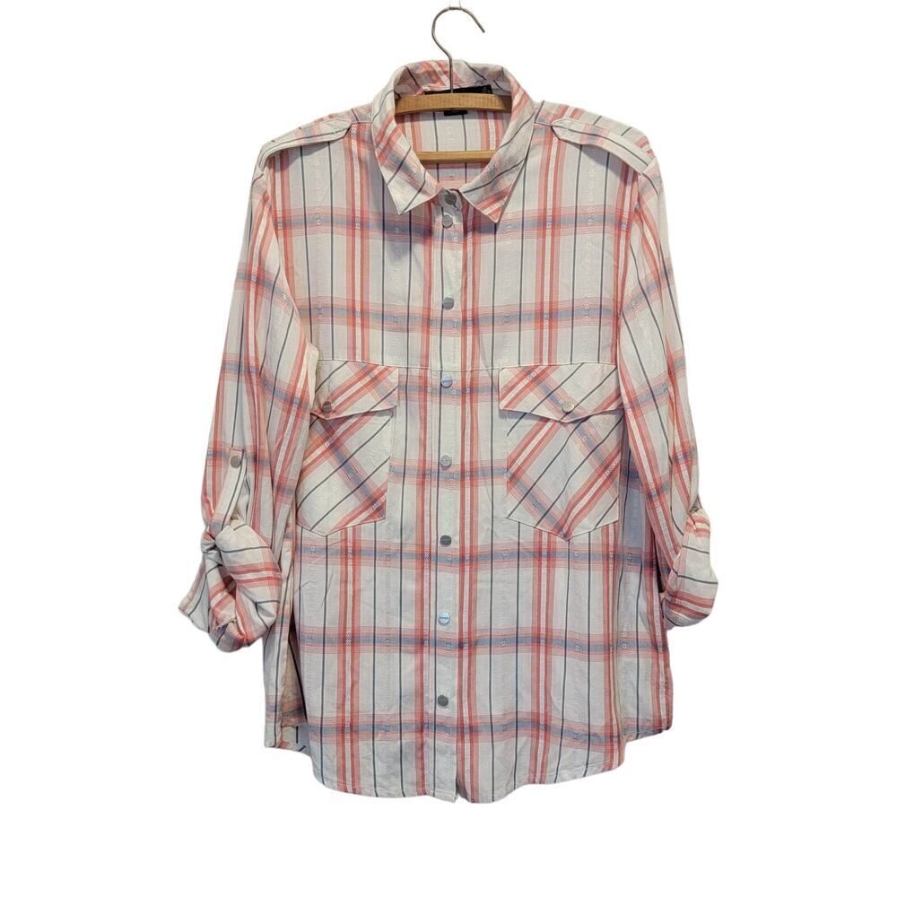 Sanctuary Boyfriend Fit Plaid Button Down Shirt Blue Red Size M Cabincore - Picture 13 of 13